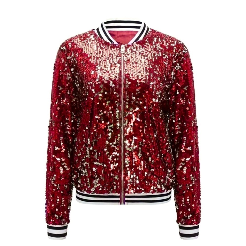 Red and Silver Sequins Bomber Jacket - Picture 3 of 7